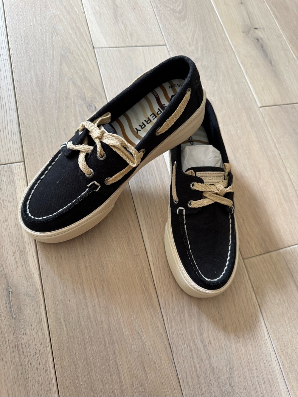 Sperry Women’s Black Canvas Boat Shoes with Cream Laces